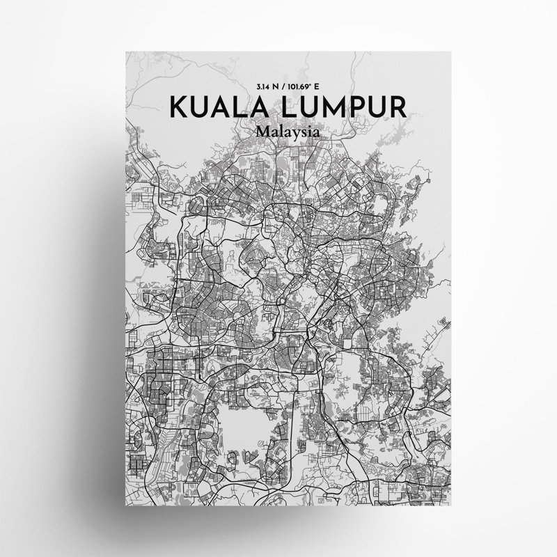 «Kuala Lumpur City Map», impression de luxe, Gris / blanc, H 27,6 po x l 19,7 po