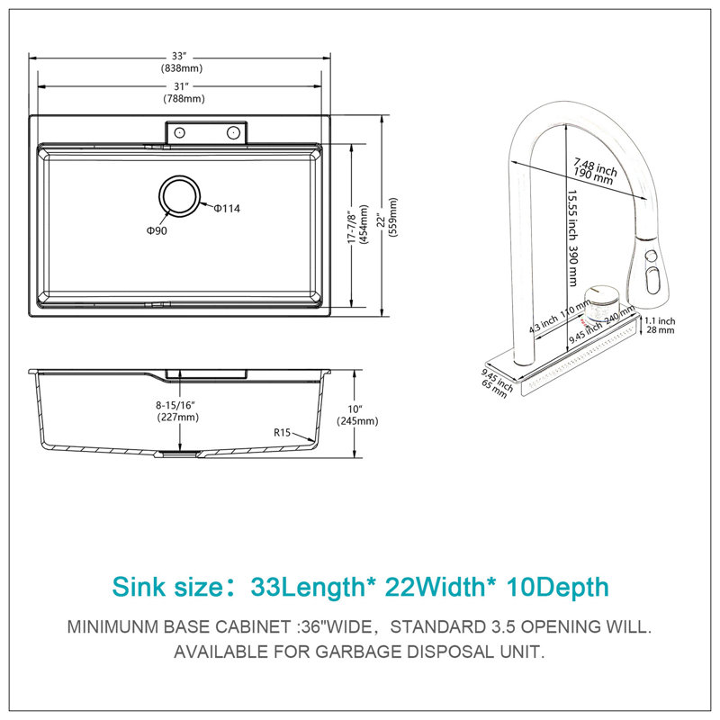 Évier de cuisine à montage sur plan à montage sur plan - évier de cuisine à cuve simple en granite composite à quartz 33 po x 22 po avec robinet coulissant