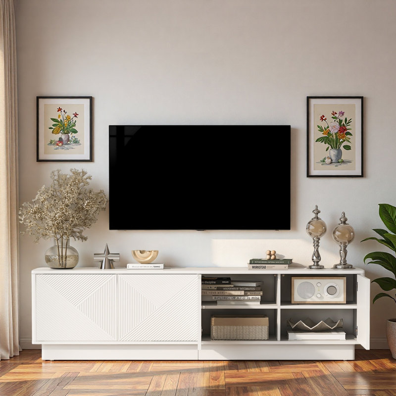Meuble télé élégant avec portes à motif ondulé, tablettes réglables et bande à DEL, Blanc