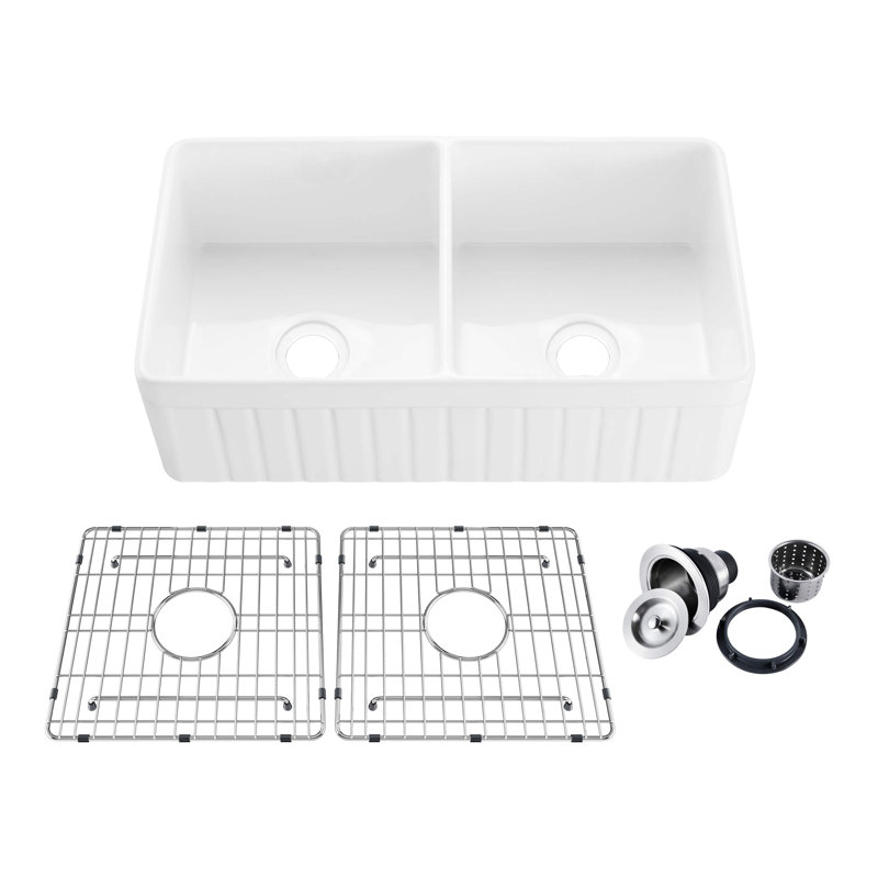 Pillar 33" W Double Bowl Fireclay Farmhouse Kitchen Sink