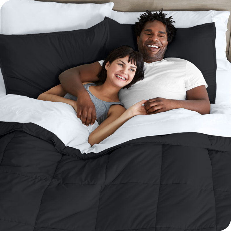 Microfiber Bed-In-A-Bag, Black/White, Queen Comforter + 6 Additional Pieces