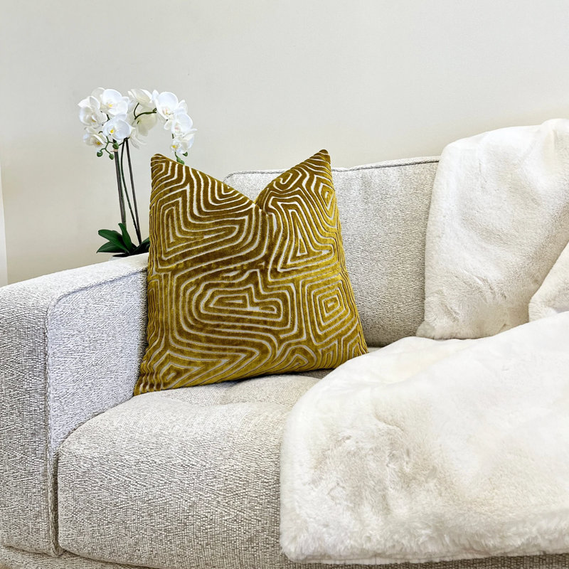 Maze Velvet Throw Pillow Cover, 20"H x 20"W, Gold Geometric