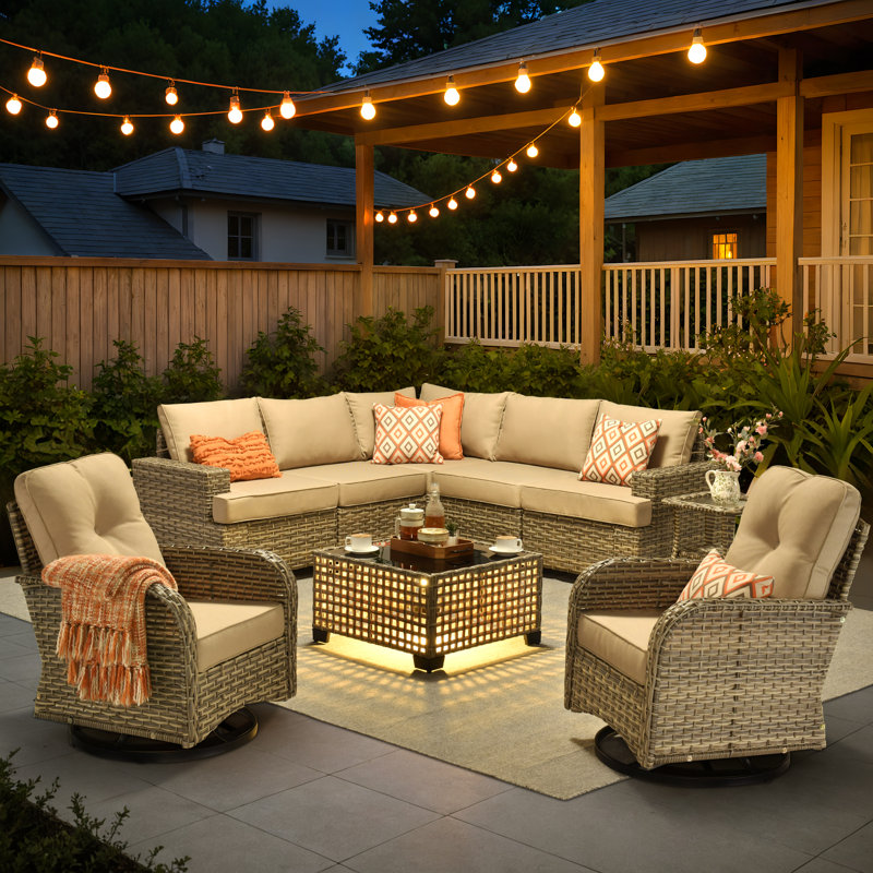 Tommy Outdoor Wicker 7 Person Seating Group With Cushions, Beige, No