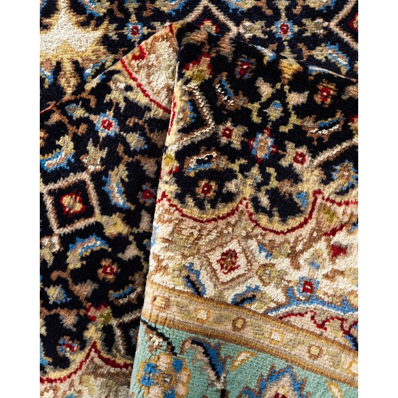 Tapis de couloir bleu en laine noué à la main 2 pi 7 po x 8 pi 4 po