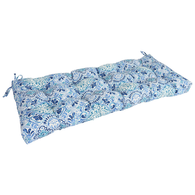Tufted Outdoor Bench Cushion, 51" W x 19" D, White/Blue/Fiorella Baltic Moroccan