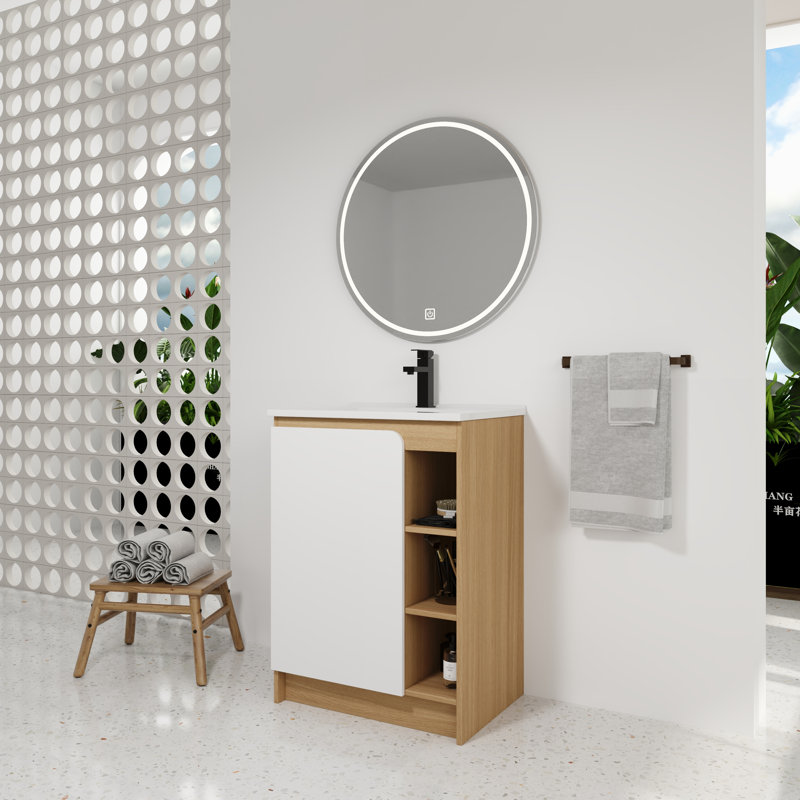 Ensemble de meuble-lavabo autoportant 24 po avec contreplaqué - Contreplaqué - 1 pièce - Chêne clair - Porte à fermeture en douceur et tablettes ouvertes