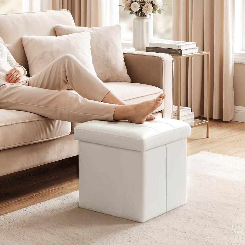 Upholstered Storage Ottoman, PU Leather Tufted Folding Footstool Foot Stool with Foam Padded Seat, White