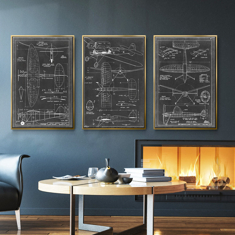 "Aéronautique", ensemble de 3 pièces encadrées sur toile, H 27 po x l 54 po, Or
