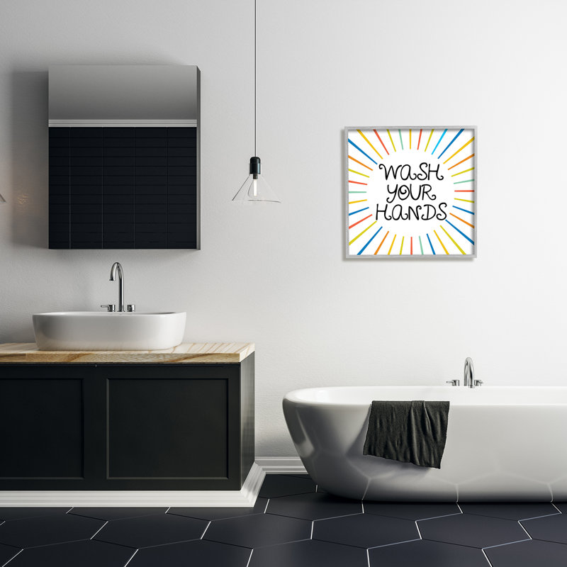 «Kids Your Wash Your Hands Bathroom Rules Rainbow Stripes», impression numérique sur toile encadrée par Daphne Polselli
