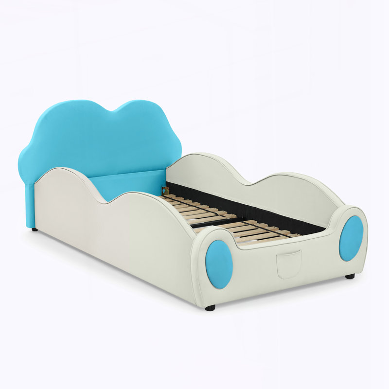Lit simple en cuir synthétique avec garde-corps, Beige/Blue