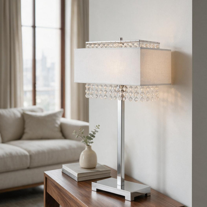 Lampe de table en métal de 28 po de hauteur avec finition argentée, abat-jour blanc et accents de cristal