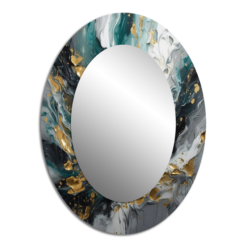 Gold Teal Ink On Stone - Gold Modern Oval Wall Mirror, 40" x 30"