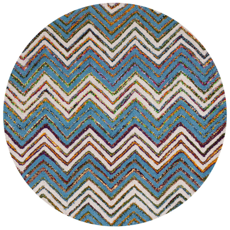 Airion Hand Tufted Wool/Cotton Chevron Rug in Beige/Blue, Round 4'