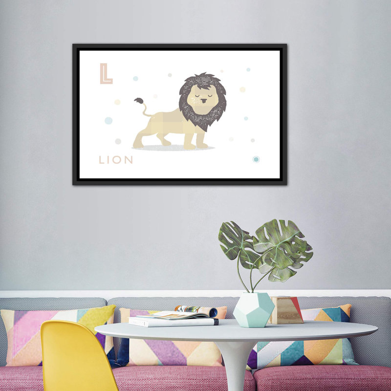 Lion - reproduction d'impression, Pas de tapis, H 40 po x l 60 po x 1,5 po, Toile avec cadre noir patiné