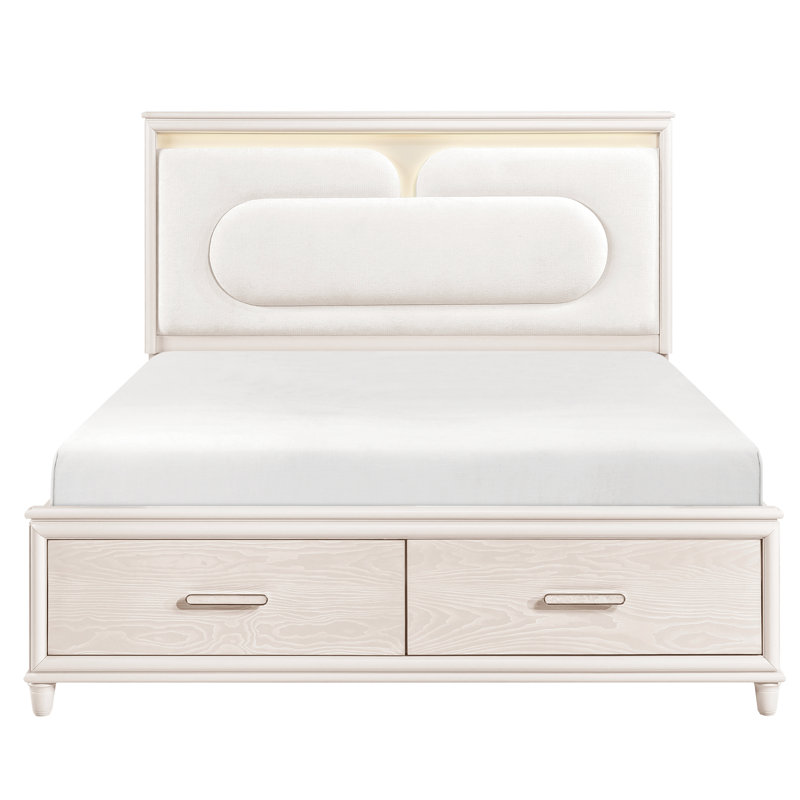 Lit plateforme très grand avec deux tiroirs et tête de lit tapissier en chenille éclairée à DEL Smart Elegant Glow Contemporary Natural