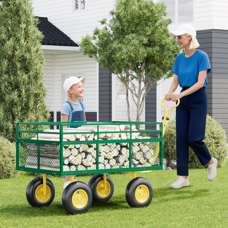 Chariot de jardin 3 en 1 robuste en acier, à tirer, avec panneaux latéraux amovibles, roues de 10/13 pouces et capacités de charge multiples pour le transport de terre, d'outils et de plantes.