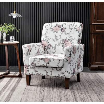 Chaise avec accoudoirs en mélange de polyester à motifs, structure en bois de bouleau massif avec pieds fuselés bruns, chaise d'appoint rembourrée de mousse avec garniture pour le bureau du salon