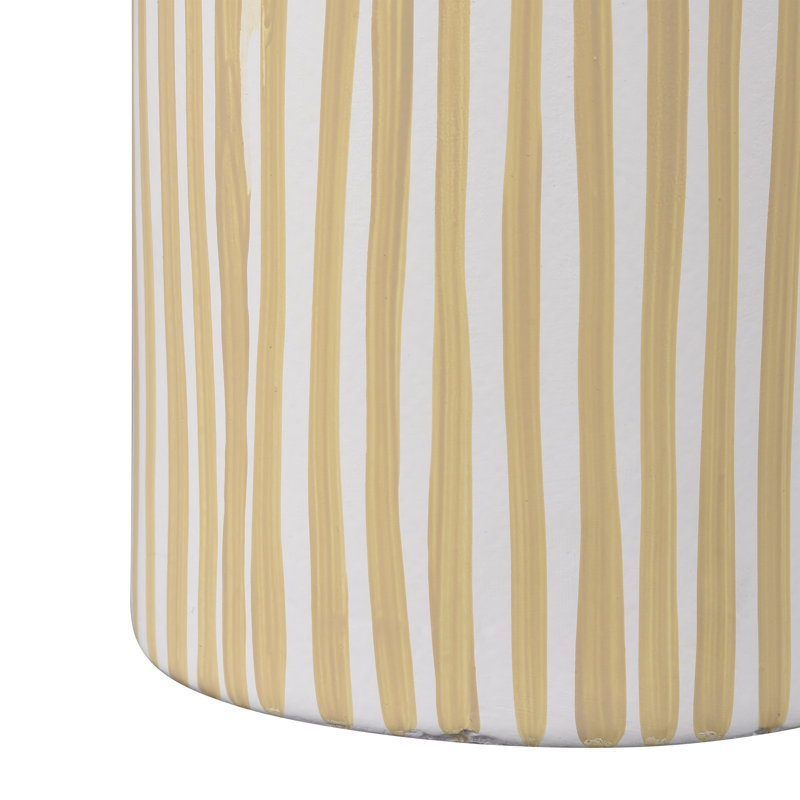 White and Taupe Striped Ceramic Cylinder Table Vase