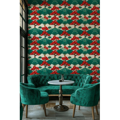 Papier peint floral avec motif géométrique asiatique