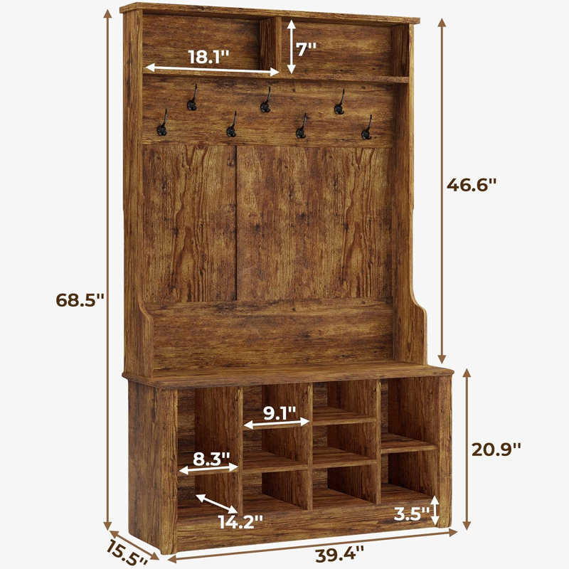Auben Hall Tree 39.4'' Wide with Bench and Shoe Storage, Rustic Brown