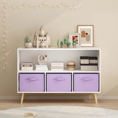 Kids bookcase with Collapsible Fabric Drawers, Children's Book Display, Toy Storage Cabinet Organizer, White/Purple