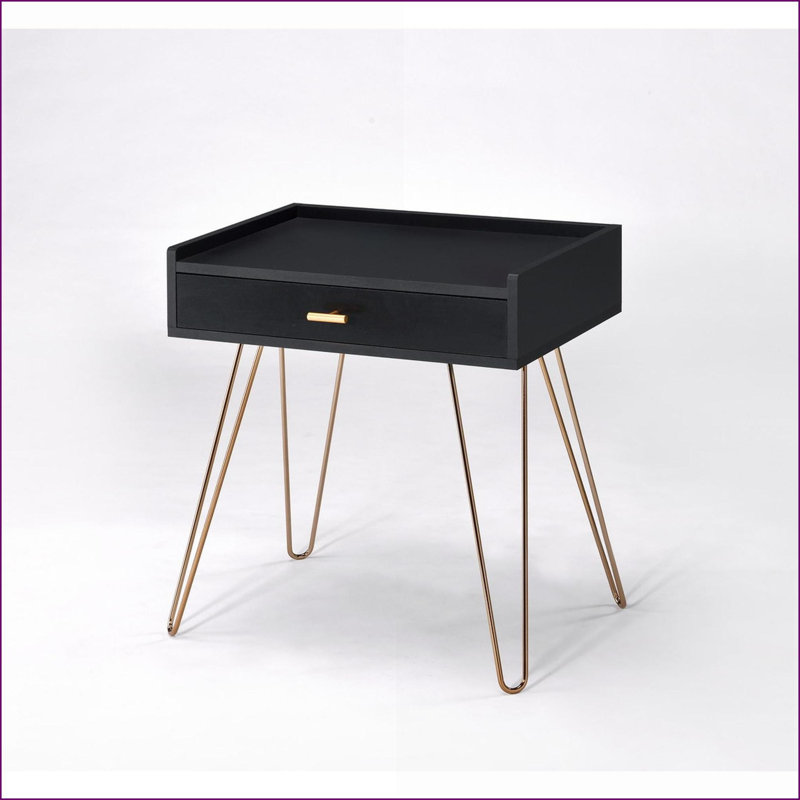 Table basse de style Mid-Century noir avec pieds en épingle à cheveux en cuivre, rangement de tiroir et amp; Surface facile à nettoyer