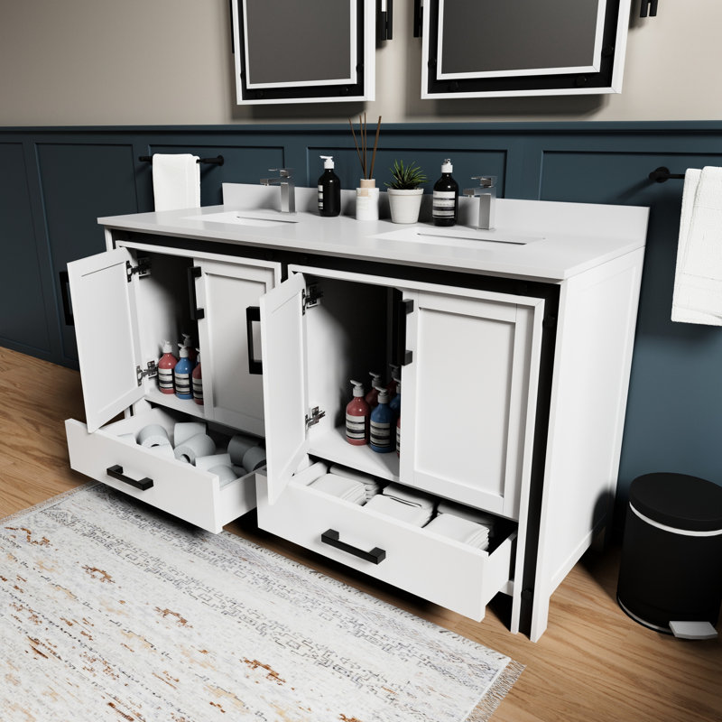 Meuble-lavabo blanc 60 po X 22 - comptoir en quartz, miroirs, fermeture en douceur, deux armoires et tiroirs pour l'organisation incluse, rangement intérieur