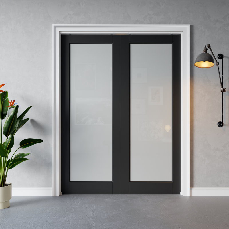 Intérieur de la porte intérieure en verre givré noir 1-Lite, portes en verre trempé CARB P2 en panneau de fibres à densité moyenne et en verre trempé SGCC, avec cadre solide et ensemble de quincaillerie, porte de chambre coulissante pré-finie et imperméable pour garde-manger, chambre à coucher, salle de bain, placard et salon 60 po x 80 po