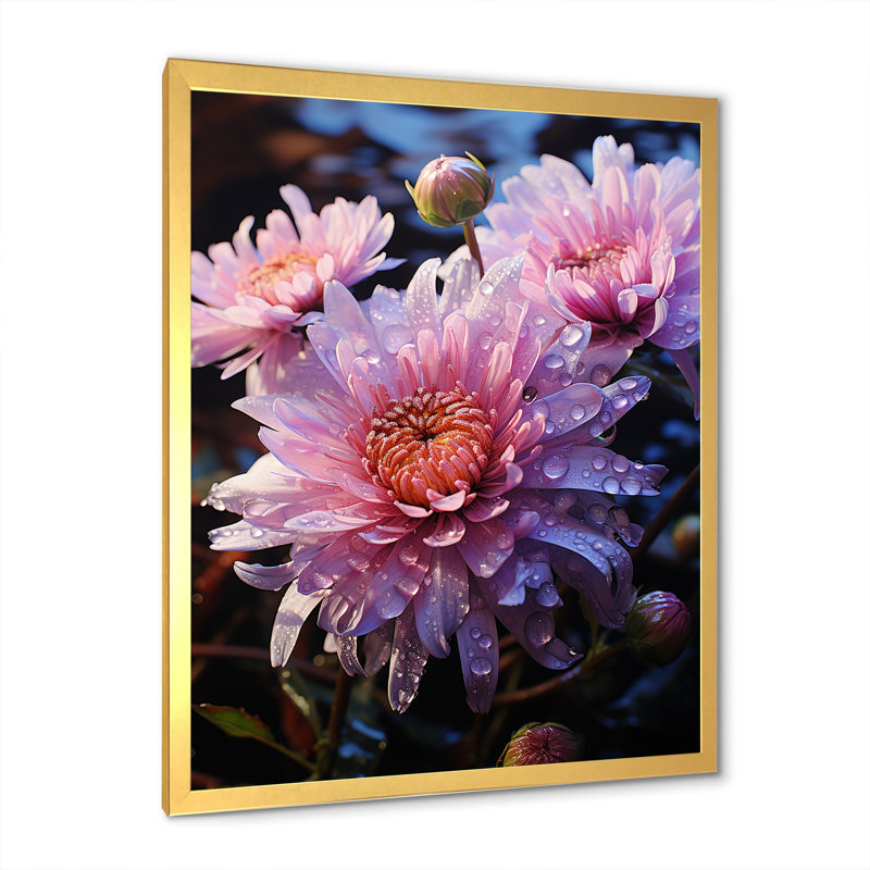 «Pink Mums Elegance In Forest IV - Mums», art mural, H 32 po x l 16 po x P 1 po, Cadre photo doré simple
