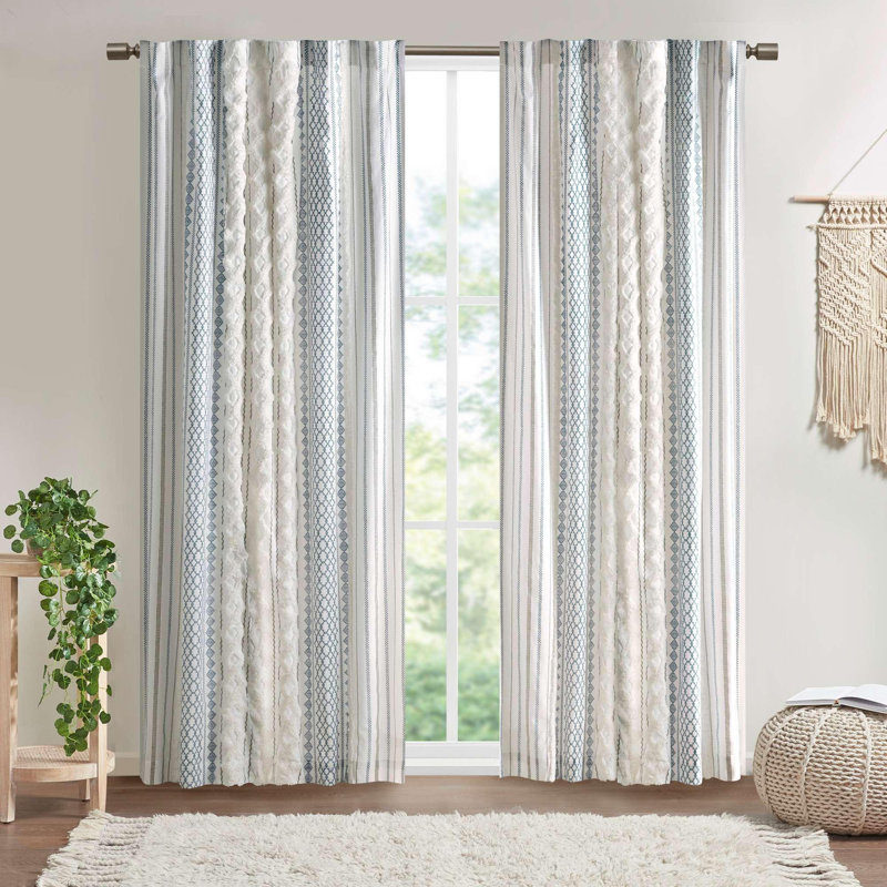 50" Cotton Printed Curtain Panel with Chenille Stripe and Lining, Multicolor, 50" W x 95" L