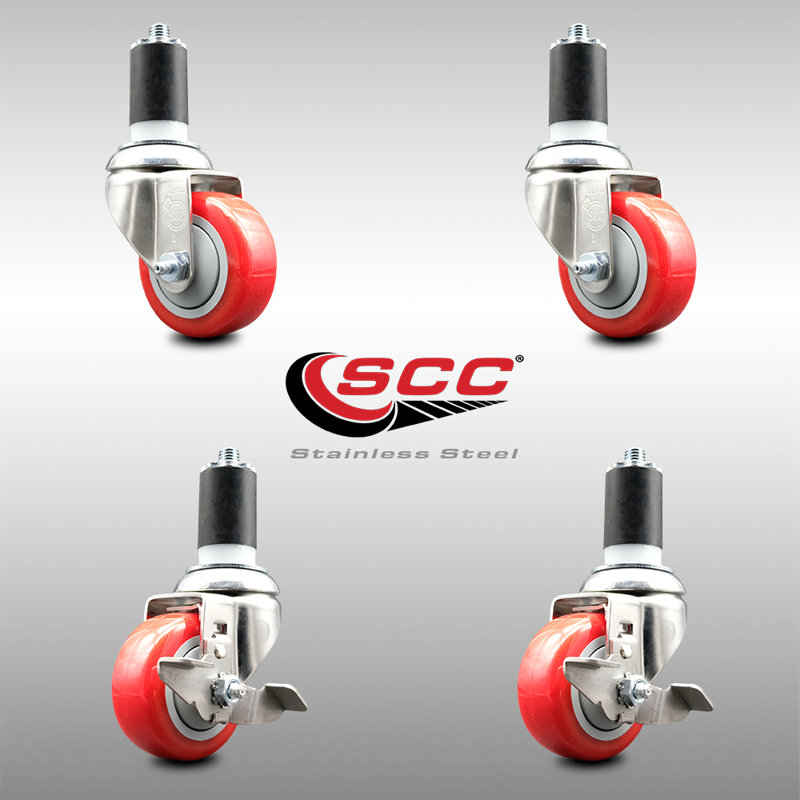 Ensemble de roulettes extensibles en polyuréthane pivotant 3 pouces 1 5/8 pouces et 3 freins SCC, Rouge