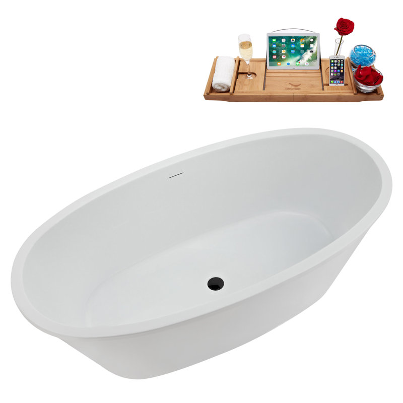60" Streamline Soaking Glossy White Freestanding Tub and Tray With Internal Drain, Matte Black