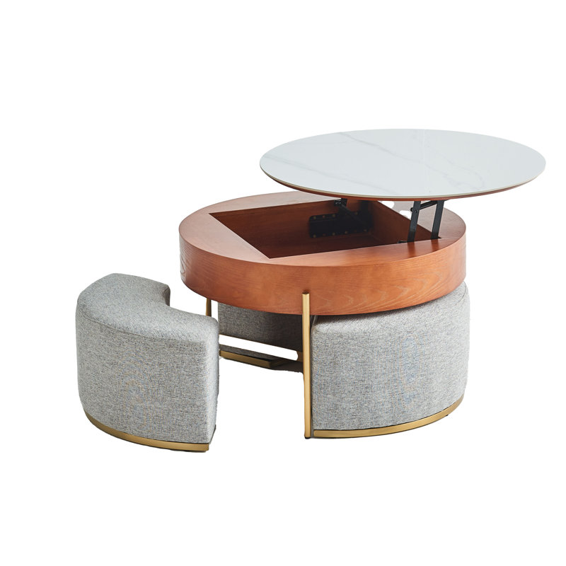 Lift Top Extendable 3 Storable Stools Sintered Stone Coffee Table with Storage, Grey