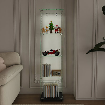 4-Tier Glass Display Cabinet with LED Lights & Single Door, Tempered Glass Bookshelf for Collectibles, Figures, Wine & Home Decor, Easy Assembly Floor Standing Showcase for Living Room & Office