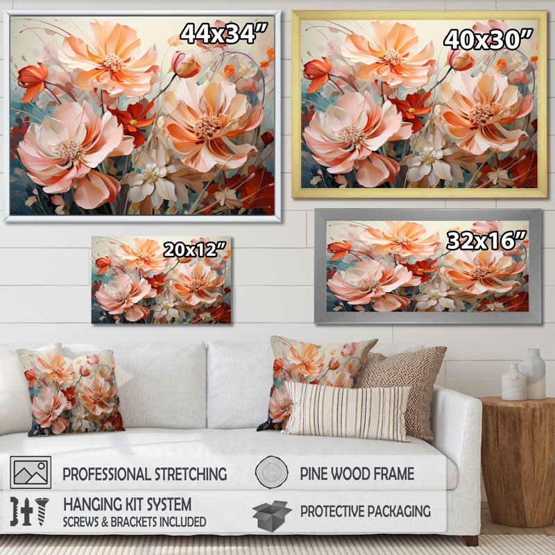 Coral Petal Symphony I - Abstract Botanicals, art mural, H 16 po x l 32 po x P 1 po, Cadre flottant blanc
