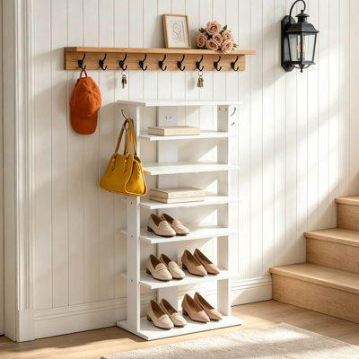 7-Tier Vertical Shoe Rack with Hooks, Space-Saving Shoe Storage Tower for Entryway – Holds 12-14 Pairs, Easy Assembly, Narrow Shoe Organizer for Closet, Hallway, Mudroom