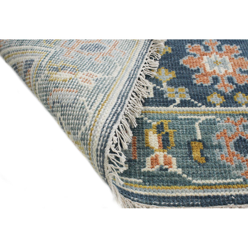 Handmade Blue Floral Wool Runner Rug with Tassels