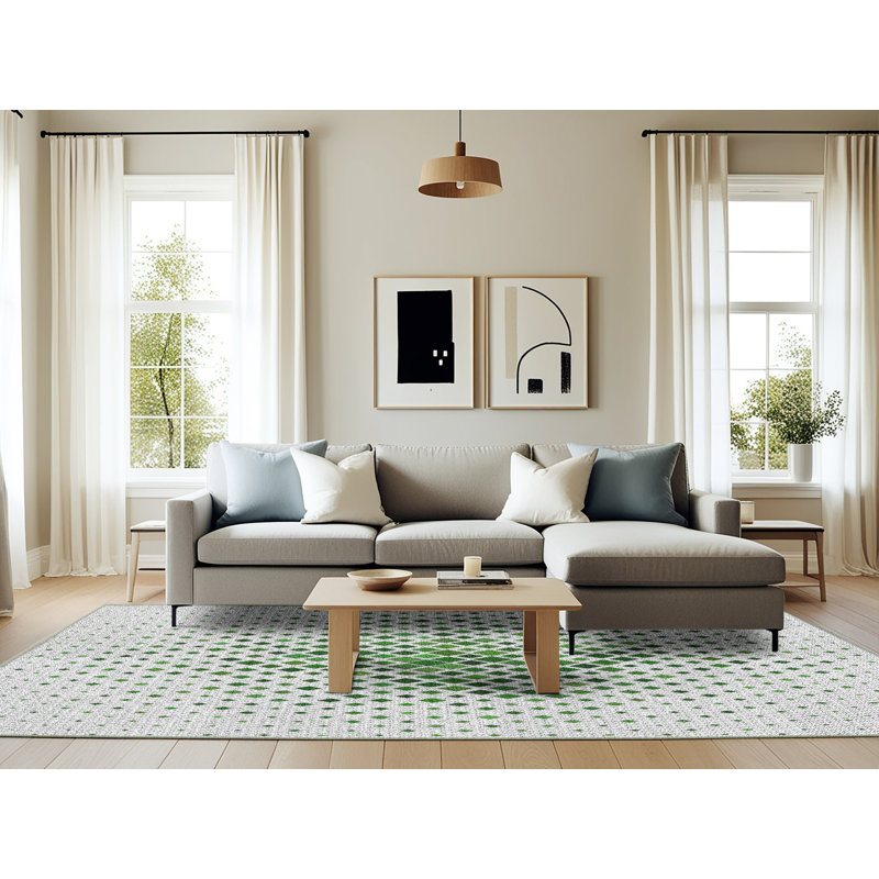 Laine tissé à la machine à motifs géométriques et polyester gris/vert Tapis décoratif, Rectangle 6 pi x 9 pi
