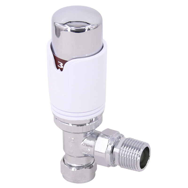 Thermostatic TRV Valve And Manual Radiator Rad Valve Angled Pair 15Mm X 1/2" White Chrome