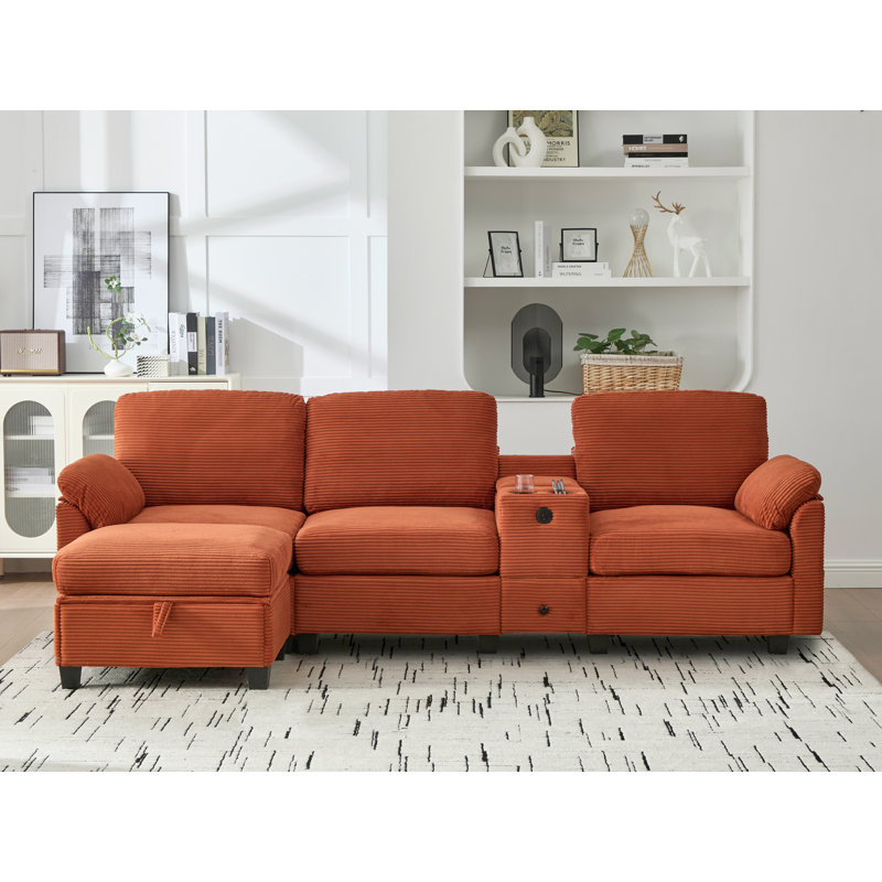 Canapé modulaire avec repose-pieds, Velours côtelé orange