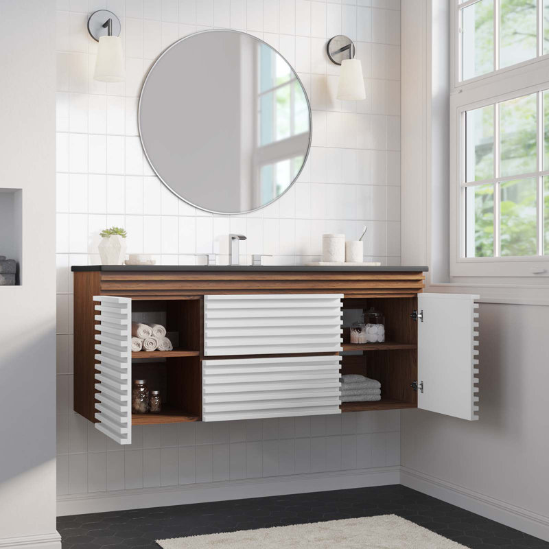 Modway Render 48" Wall-Mount Bathroom Vanity, Black, White/Walnut