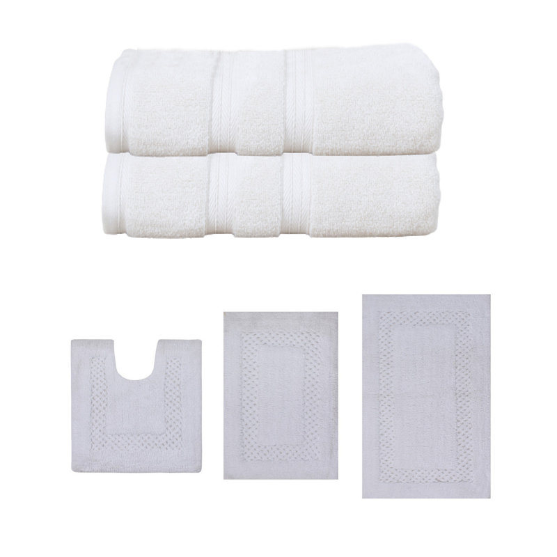Ensemble de serviettes de bain 2 pièces et tapis de bain 3 pièces Classy, ensemble de 5, turquoise, Blanc