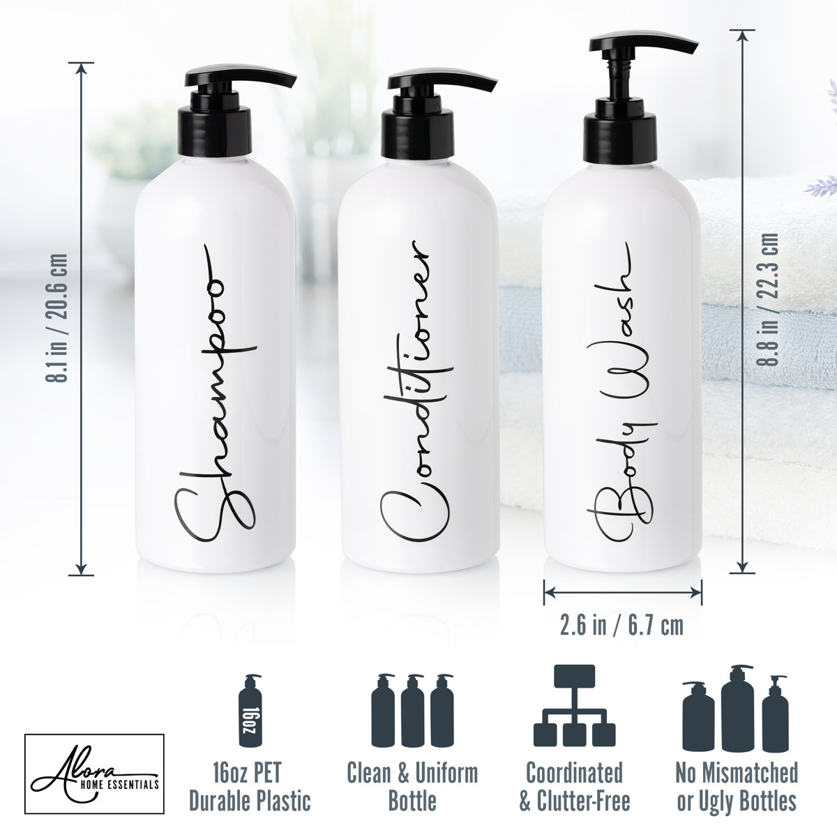 Modern Refillable Shampoo and Conditioner Bottles | 16 Fl oz. | Set of 3