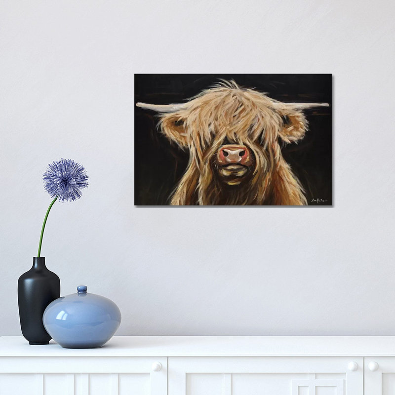 Highland Cow On Black - Painting on Canvas, 30.48 cm H x 45.72 cm W, Wrapped Canvas