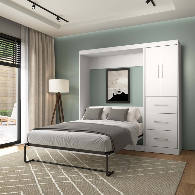 Lit escamotable avec rangement Velora, Blanc, Double