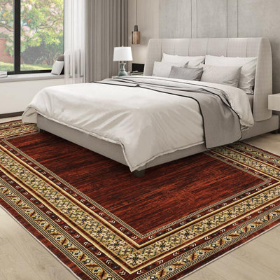 Tapis modernes 9 x 12 pour le salon, tapis de chambre à coucher doux et lavable, grand tapis décoratif antidérapant pour la salle à manger, revêtement de sol à bordure géométrique ultra-mince pour bureau de chambre de bébé, rouge