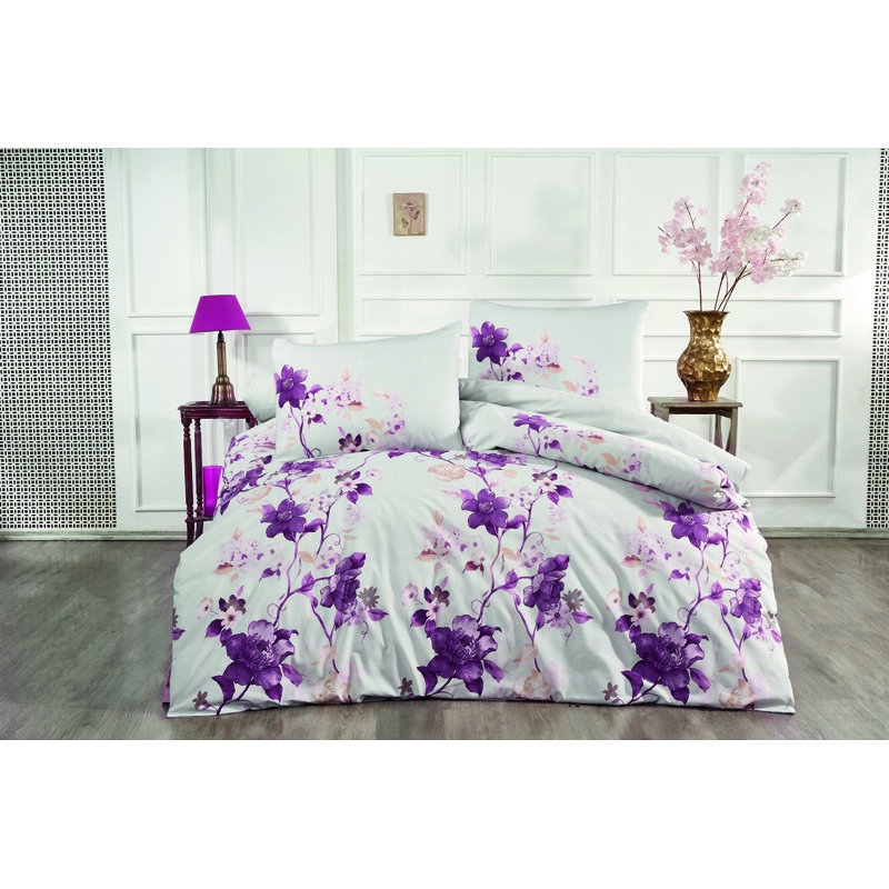 Ensemble de housse de couette 100% coton mauve / blanc 4 pièces Vard
