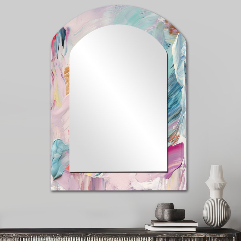 «Spring Miracles In Tender Retro Pastel», peinture abstraite arquée, miroir mural décoratif asymétrique rose, impression sur métal