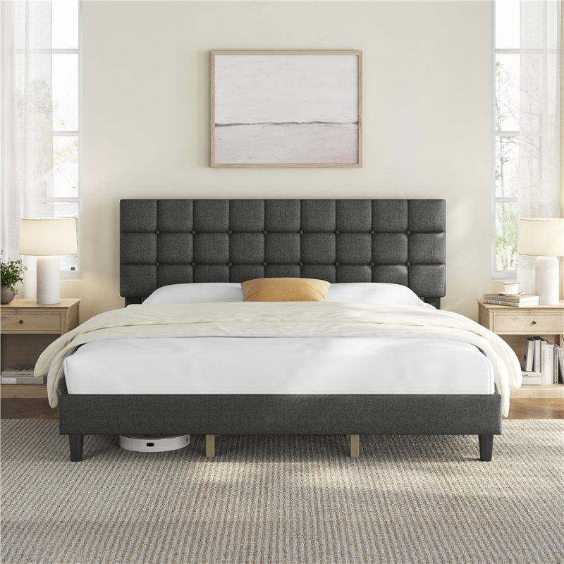 Lit plateforme tapissier Contemporary, Gris foncé, Twin