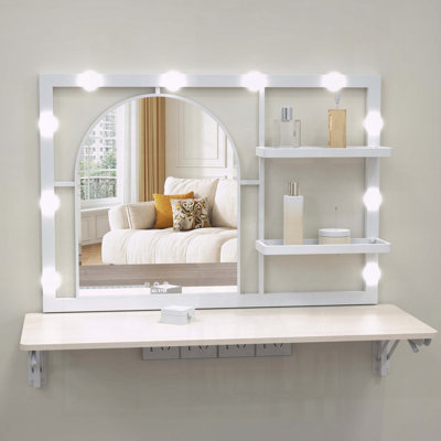 Floating Wall Mounted Makeup Vanity with Arched Mirror,12 LED Bulbs & 4 Metal Shelves